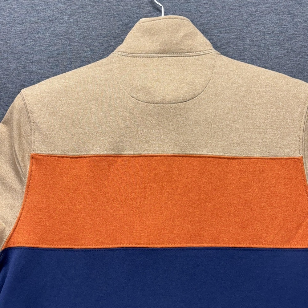 IZOD Sweatshirt Mens Small Camel Orange Navy Colorblock 1/4 Zip Stretch Fleece - Picture 11 of 13
